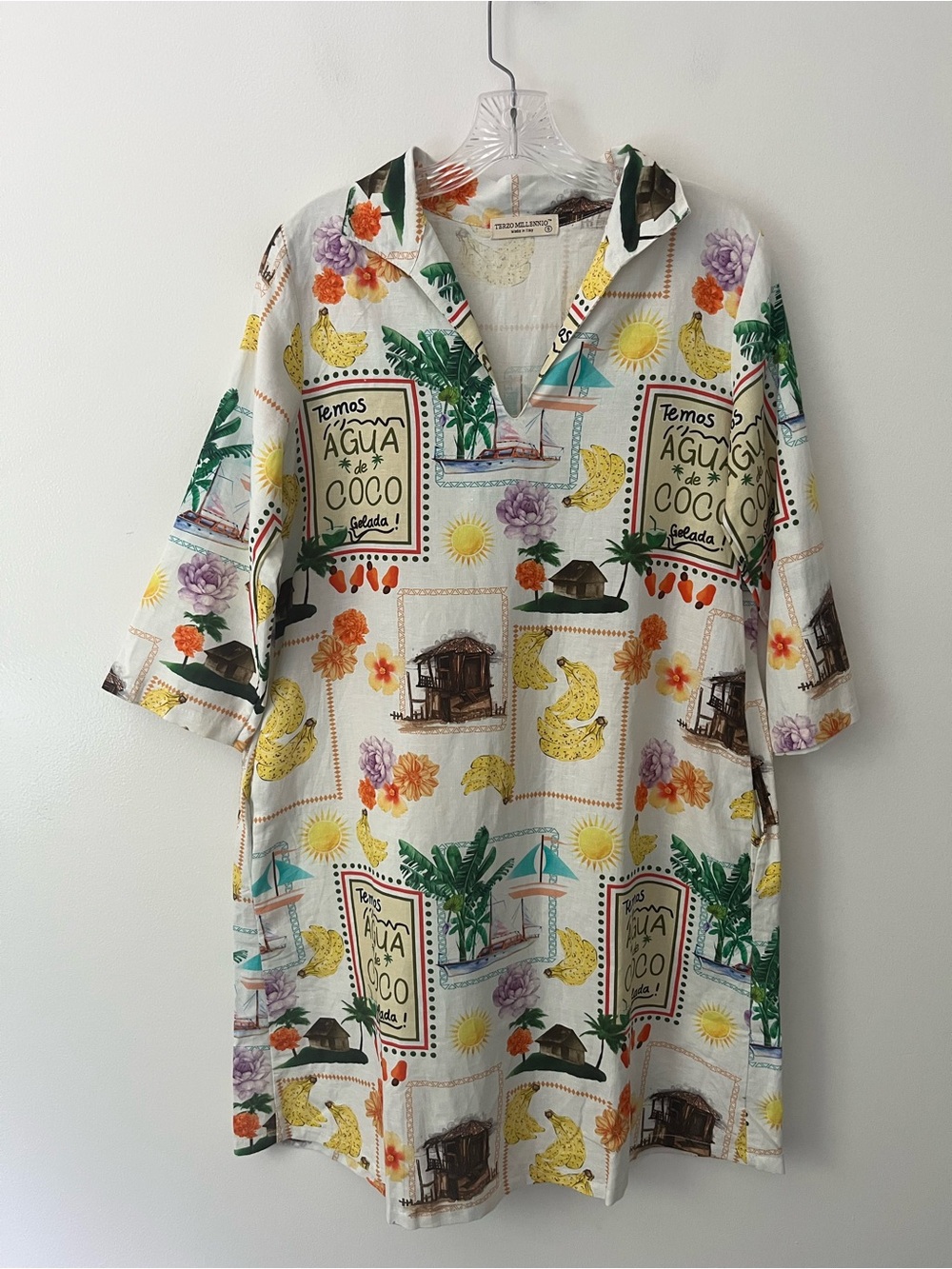 Terzo Millennio Linen Cotton Fruit Floral Banana Resortwear Shift Dress Small